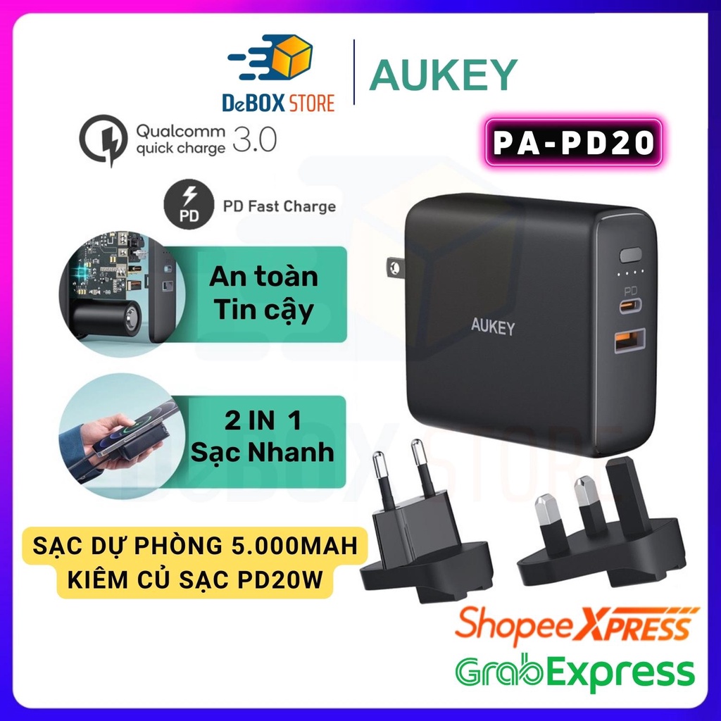 【Giao Hỏa Tốc】Củ Sạc Kiêm Sạc dự phòng AUKEY PA-PD20 dung lượng 5000mAh, Sạc nhanh 20W tích hợp - Chính Hãng