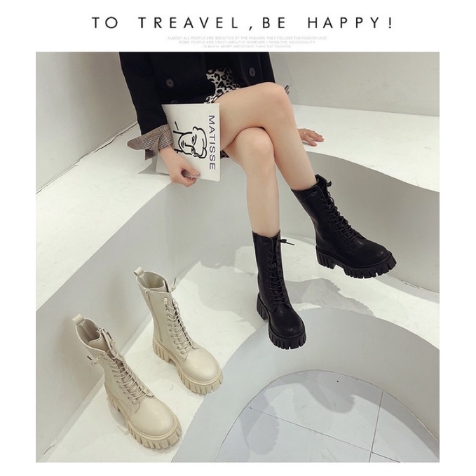 Boots Martin nữ cổ ngắn đan dây đế cao 6cm có khoá kéo