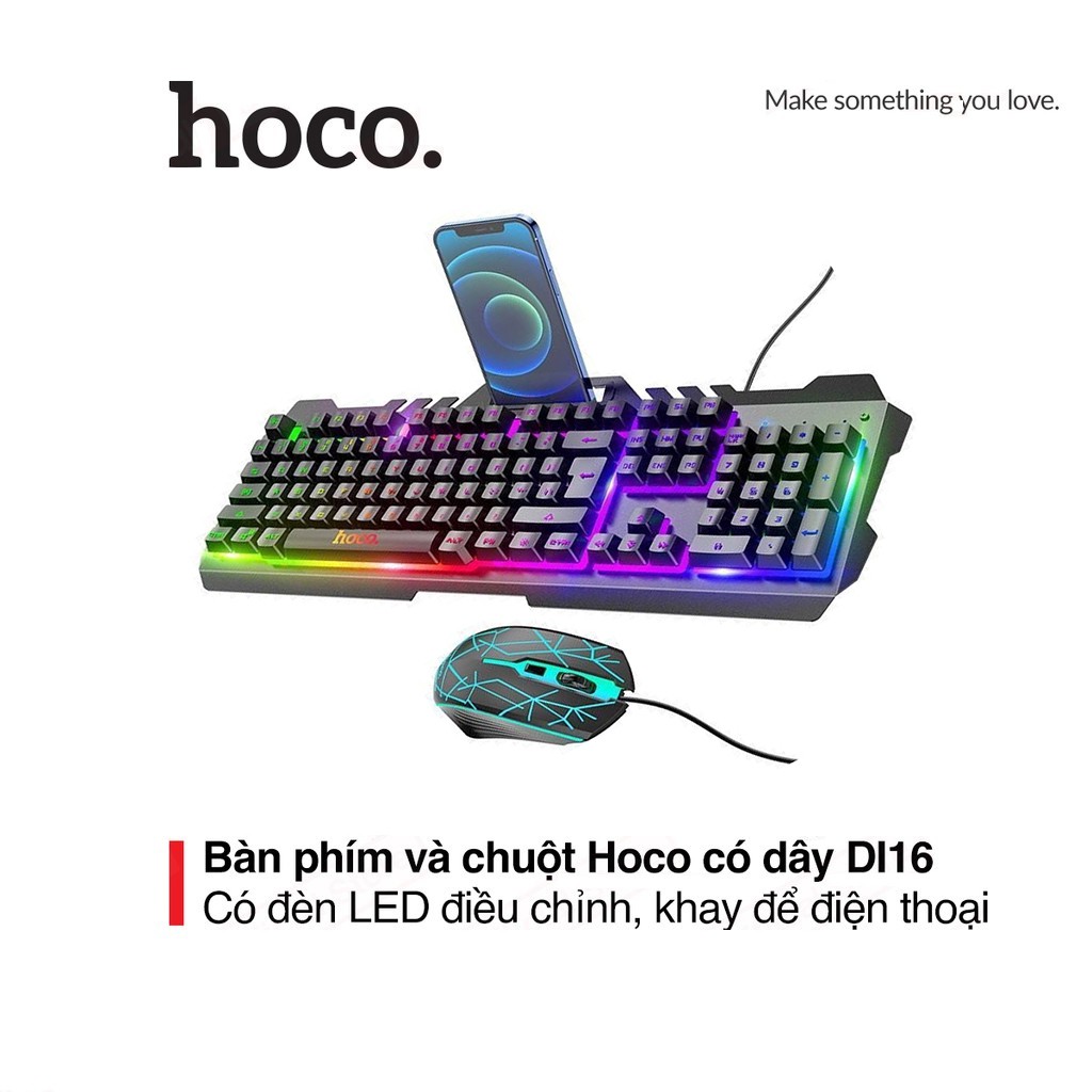 Bộ bàn phím và chuột Hoco Gaming DI16 phím cơ chuột DPI 1600 đèn Led đổi màu tích hợp khay điện thoại