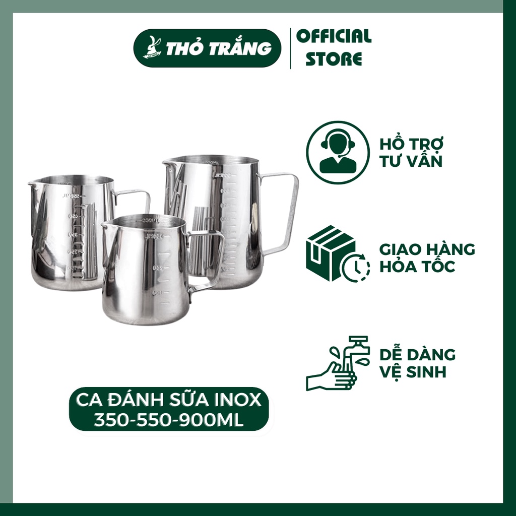 Ca đánh sữa inox (có vạch chia) 350ml - 550ml - 900ml (100% inox 304)