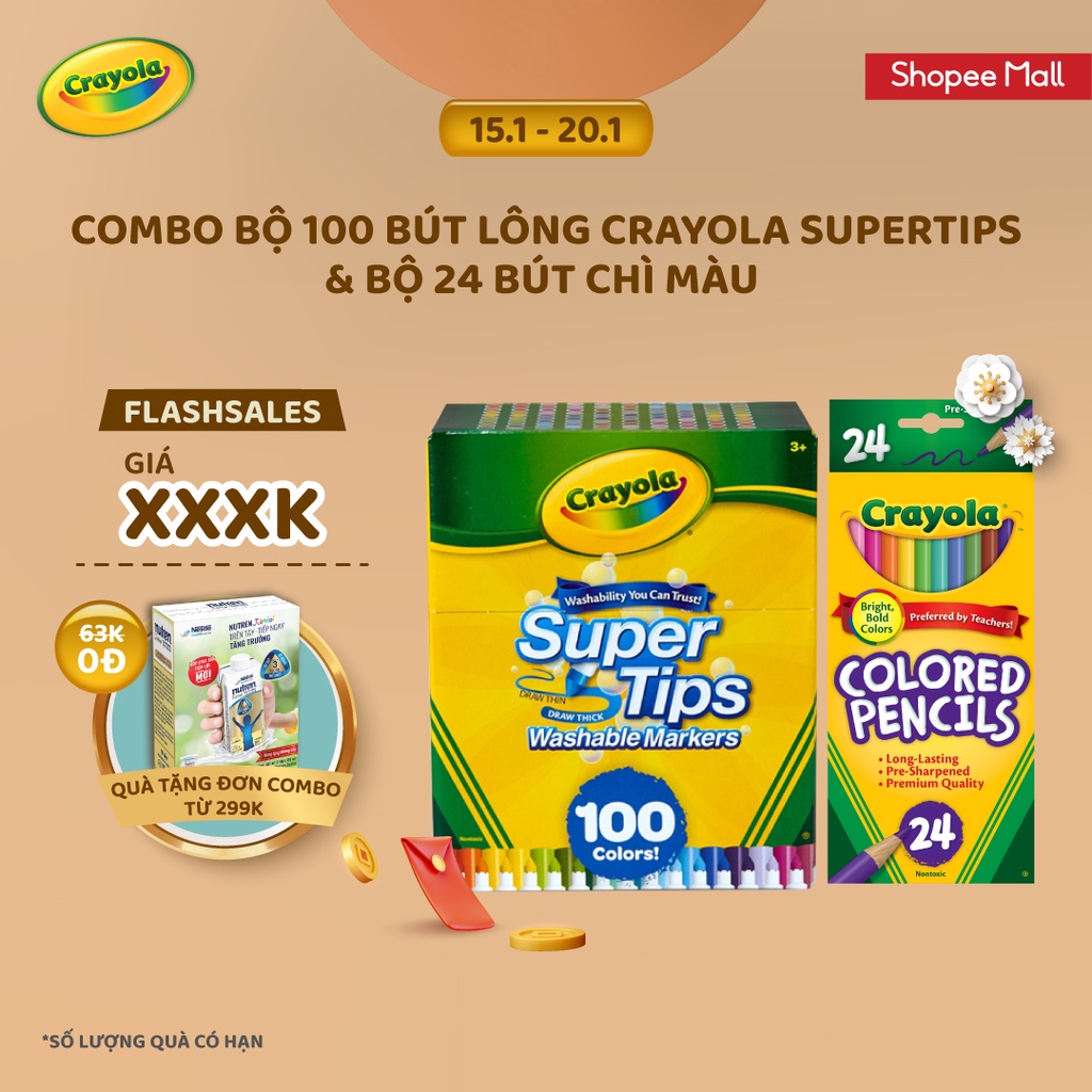 Combo Bộ 100 bút lông Crayola Supertips &amp; Bộ 24 Bút chì màu