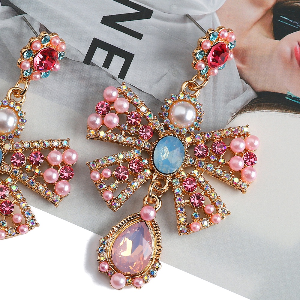 Khuyên Tai Nơ Kim Loại Đính Đá Pha Lê &amp; Ngọc Trai Giả Thời Trang Châu Âu Và Mỹ