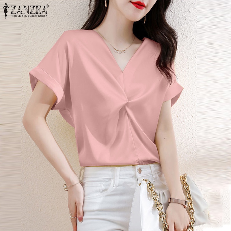 ZANZEA Áo Sơ Mi Vải Satin Tay Ngắn Cổ Chữ V Thời Trang Cho Nữ