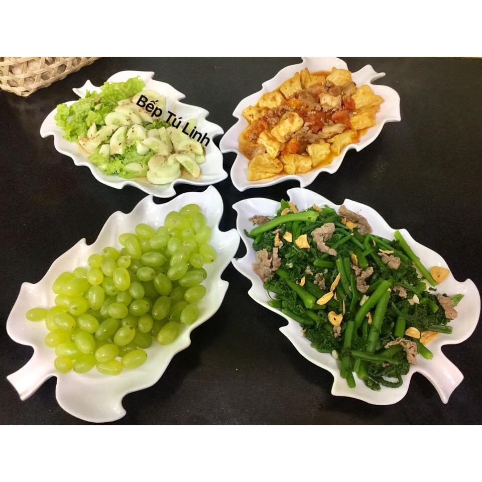 Bộ đĩa bày trang trí thức ăn hình lá nho gốm sứ Bát Tràng men trắng