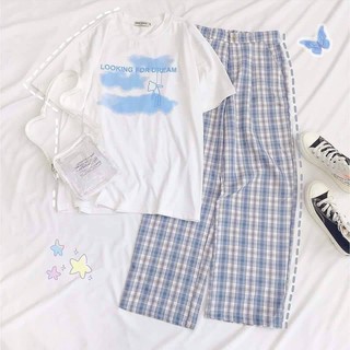 Set bộ áo phông cổ tròn mix quần kẻ caro