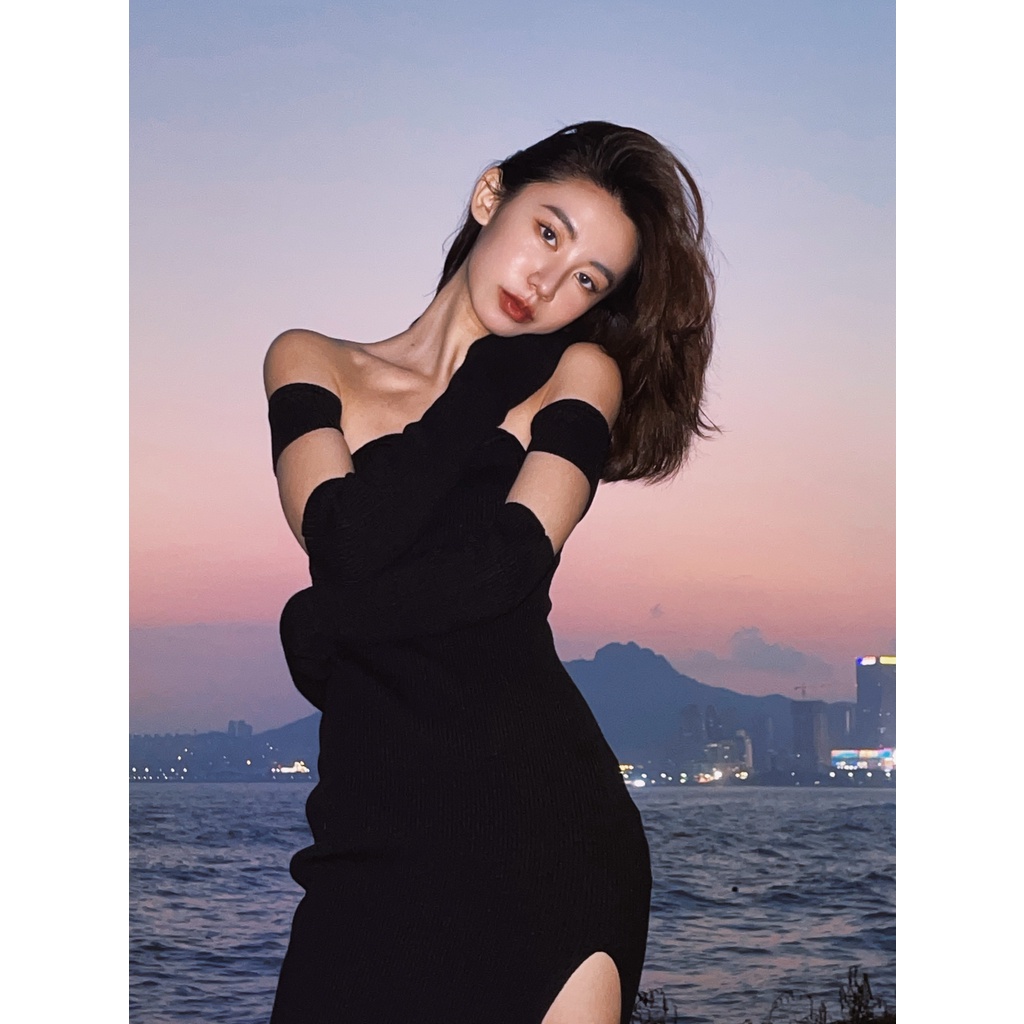 Đầm dự tiệc trễ vai nữ ôm body sexy gợi cảm tay rời màu đen thời trang ulzzang