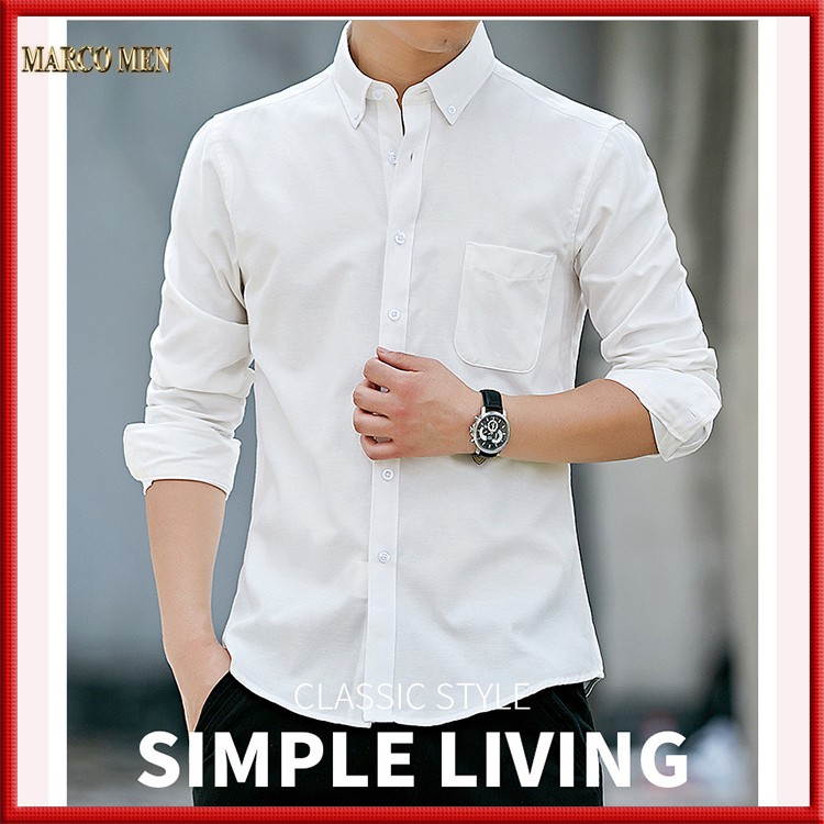 Áo sơ mi nam dài tay màu trắng dáng ôm hàn quốc vải Oxford thấm hút mồ hôi