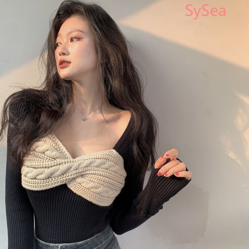 Áo sweater dệt kim dài tay cổ vuông thiết kế quyến rũ thời trang cho nữ