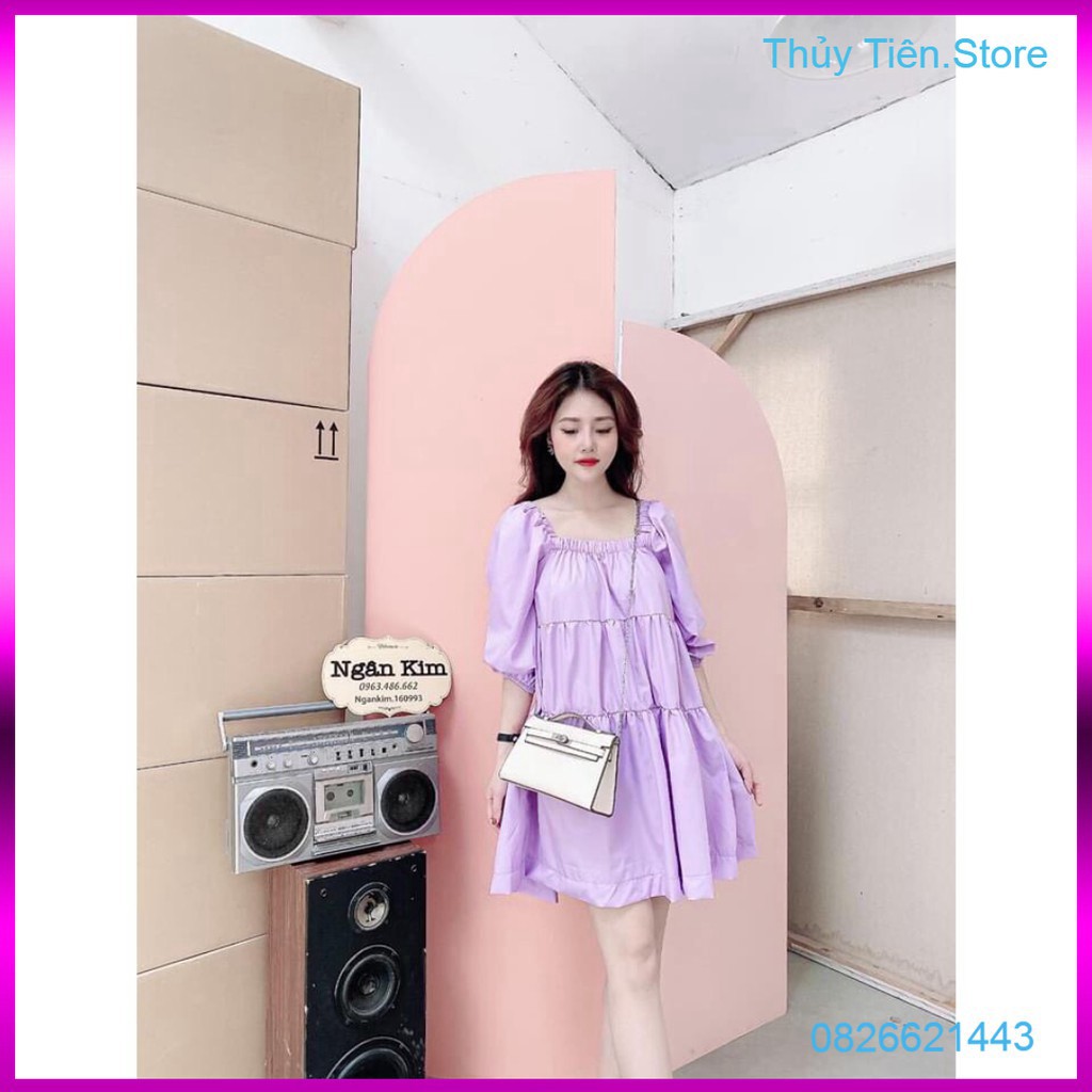 VÁY TRỄ VAI BABYDOLL TAY CHUN MÀU TÍM TRẮNG - ĐẦM CỔ VUÔNG BA TẦNG TRẮNG TÍM ULZZANG 💎 👗💝