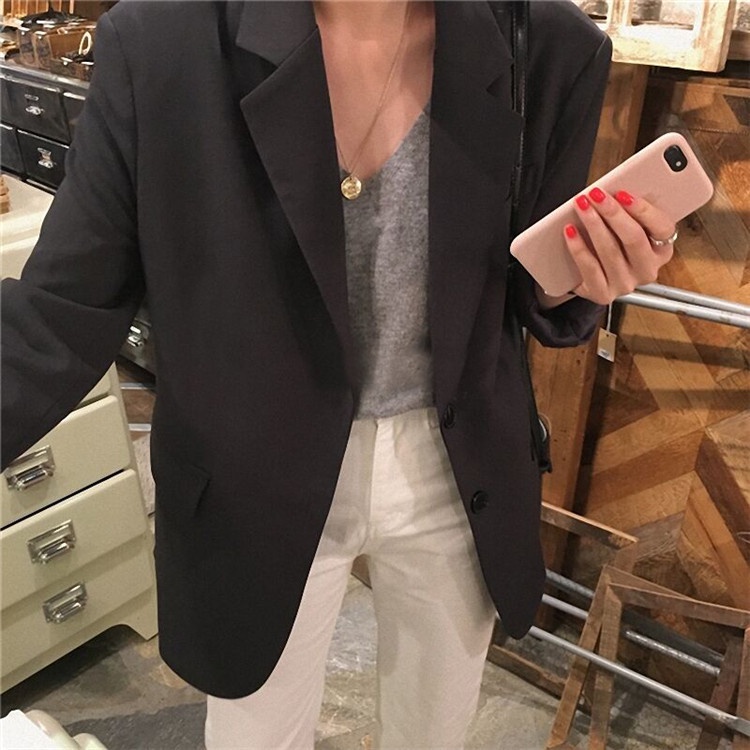 Áo Khoác Vest Màu Đen / Kaki Dáng Rộng Phong Cách Anh Quốc Thời Trang Thu Đông Cho Nữ Blazer