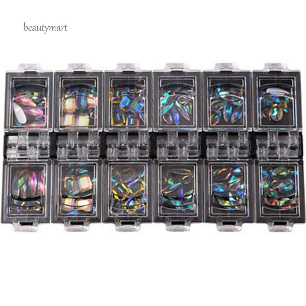 12 hộp kim cương giả 3D nhiều màu sắc trang trí móng tay