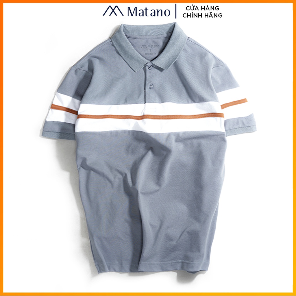 Áo thun polo nam xám có cổ đẹp MATANO - Áo phông polo nam cổ trụ bẻ, vải cá sấu cotton cao cấp, phối màu kẻ ngang 024