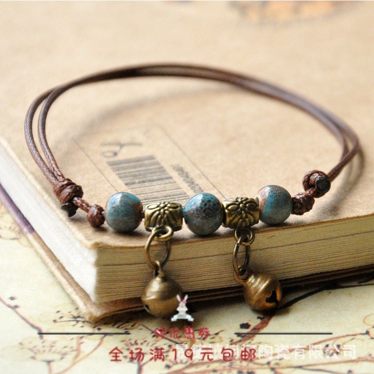 Lắc chân dệt xỏ hạt gốm phong cách dân tộc nhỏ xinh có thể điều chỉnh
