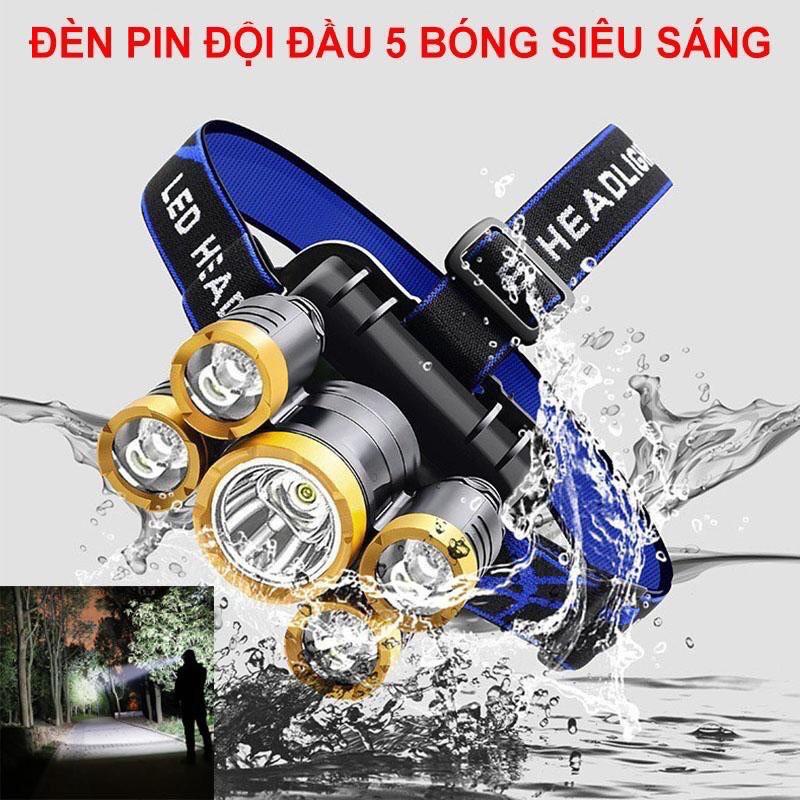 Đèn pin đội đầu treo trán Kiotool 5 bóng siêu sáng kèm pin sạc