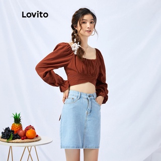 110QL 1123QH-Lovito Áo kiểu cổ vuông dáng ôm màu trơn phối dây buộc thời trang lãng mạn L11003