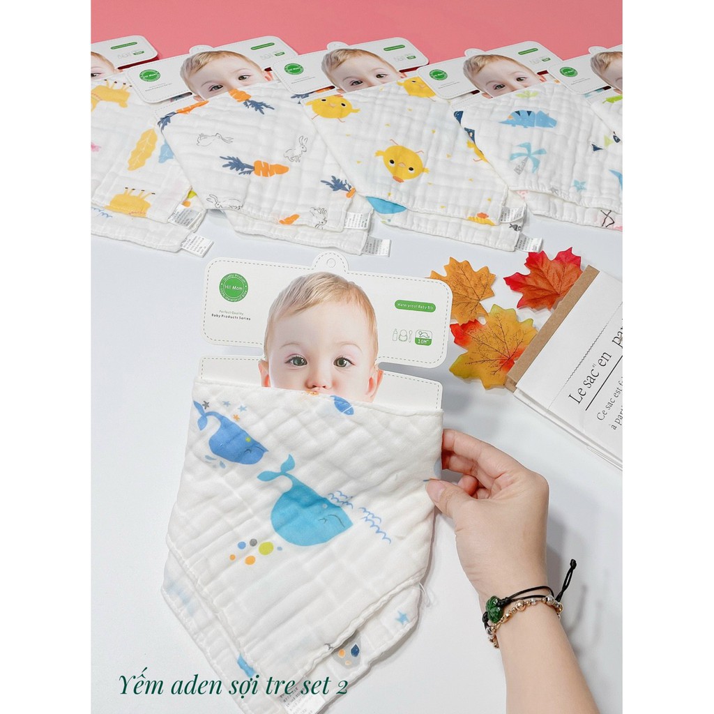 Set 2 khăn yếm sợi tre organic 6 lớp nhiều họa tiết cho bé trai bé gái sơ sinh - K2