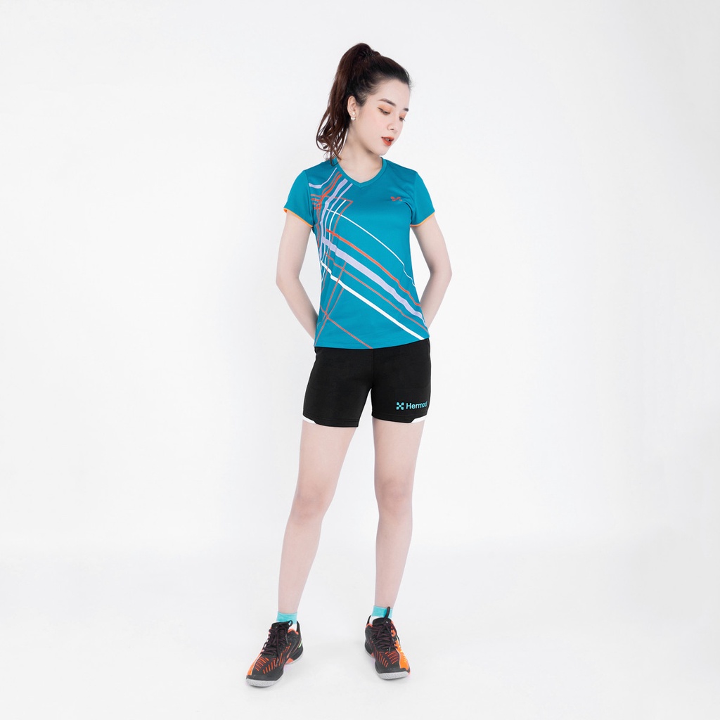 Áo thun lạnh thể thao, áo phông nữ cầu lông, bóng đá, bóng chuyền cổ tim ngắn tay vải thoáng mát nhẹ, tôn dáng tuyệt đối