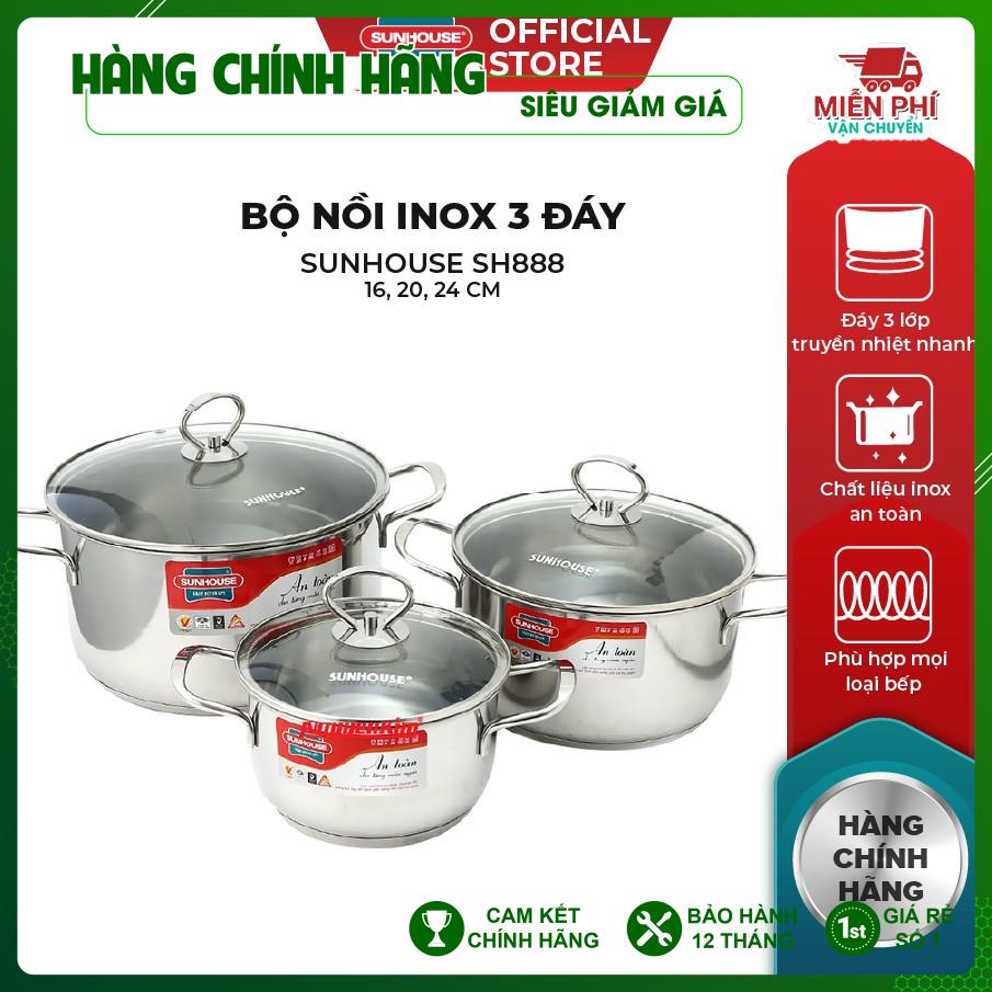 Bộ Nồi Inox 3 Đáy SUNHOUSE SH888 16, 20, 24 cm