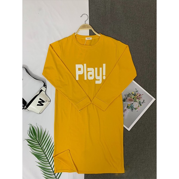 Đầm Dáng Dài Váy Suông Dài Tay Thu Đông In Hình Chữ Play Hàng VNXK