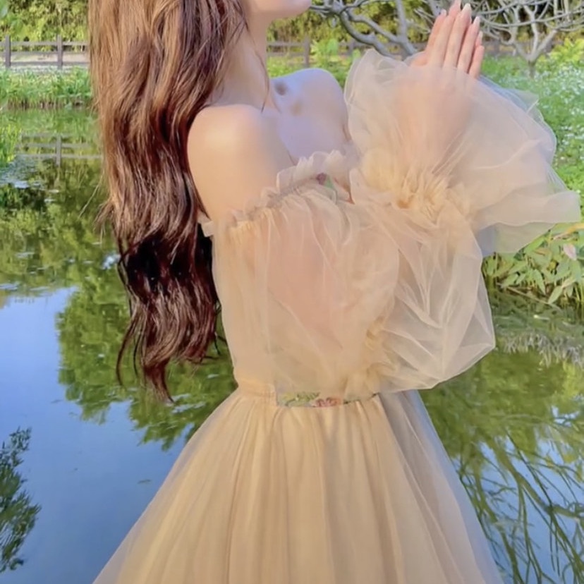 Đầm Công Chúa 22 Món Trễ Vai Phối Lưới Họa Tiết Tranh Sơn Dầu Phong Cách Pháp Cho Nữ