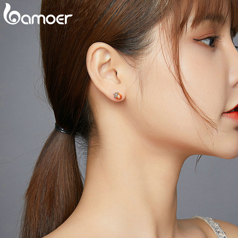 Khuyên Tai Đinh Tán Bamoer SCE935 Bằng Bạc 925 Thật Hình Quả Sồi Sáng Bóng Ấn Tượng