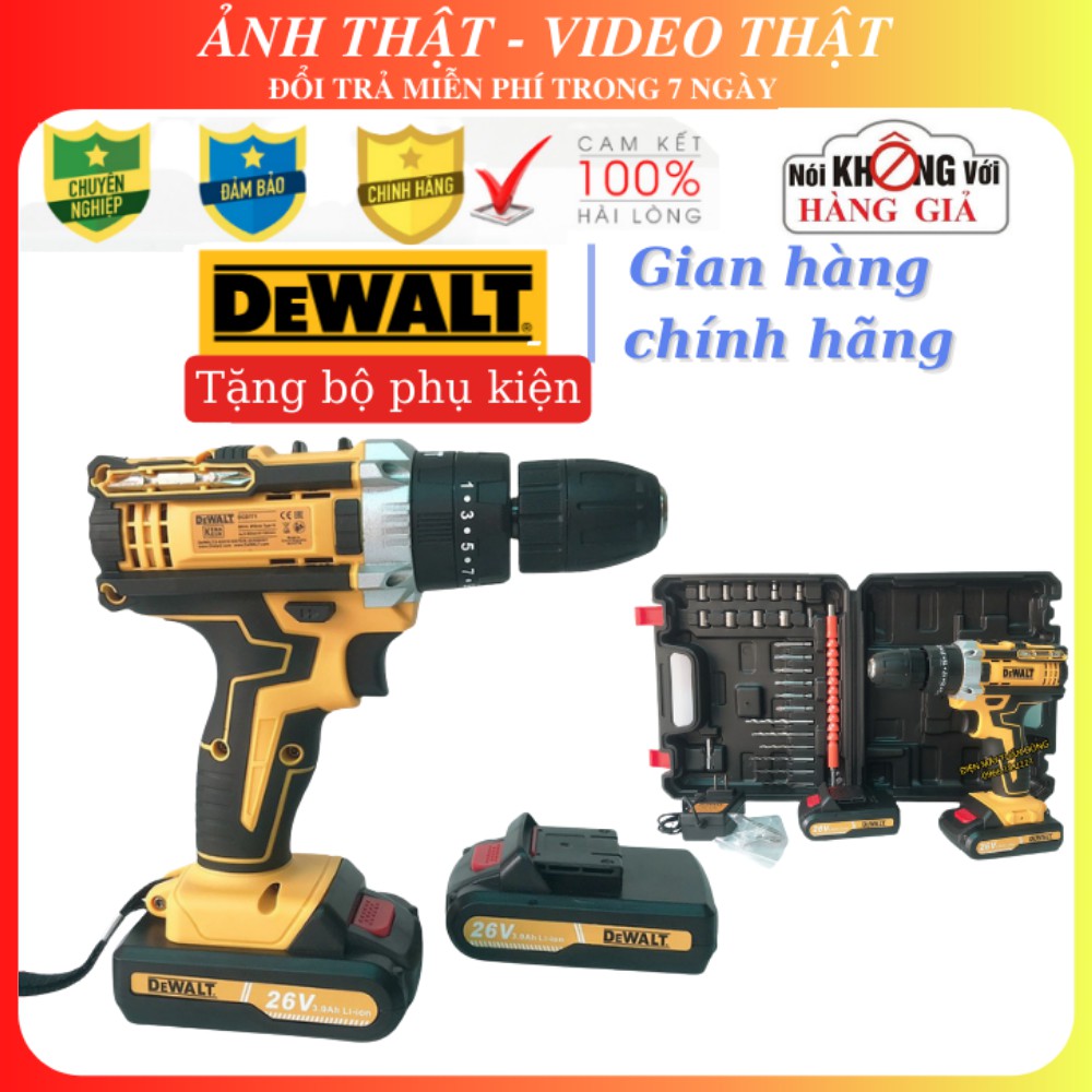 Máy khoan pin Dewalt 26V - 3 CHỨC NĂNG: Khoan tường, săt, gỗ - Bắt vít - Bắn tôn - Tặng kèm Bộ phụ kiện 25 chi tiết