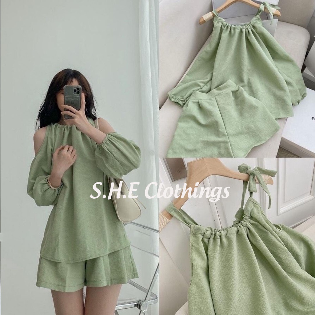 Set Bộ Đũi 2 Món Áo Hở Vai Thắt Nơ Kèm Quần Sooc Ống Rộng Freesize Chất Đũi Mềm Mát Freesize