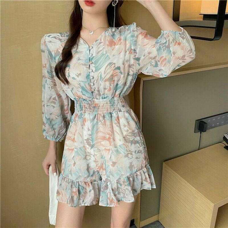 Hàng nhập - Jumpsuit ngắn voan lụa nút bọc, bộ jum đùi tay lỡ