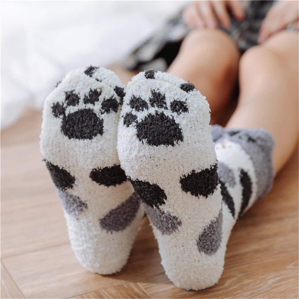 Vớ nhung cashmere mềm dày giữ ấm mùa đông in hình bàn chân thú