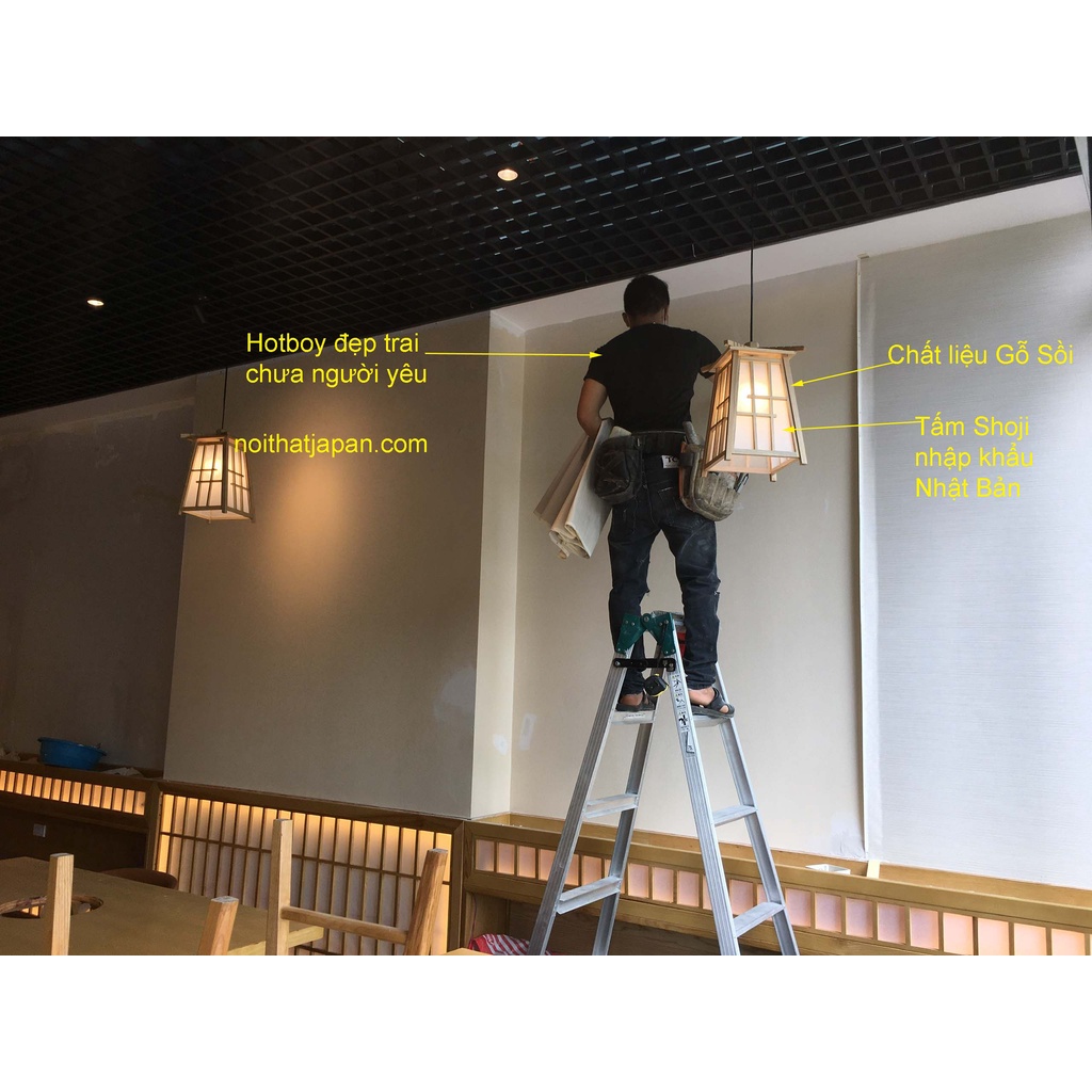 Đèn gỗ thả trần, đèn gỗ phòng trà, phòng thiền phong cách Nhật bản, gỗ Sồi tự nhiên và Shoji Nhật, kt 23 x 23 x 37cm