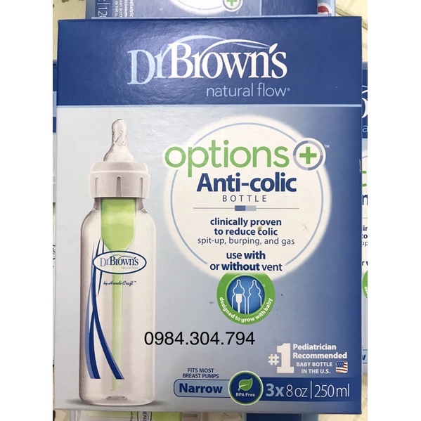 Bình sữa Dr Brown's cổ hẹp 120ml và 250ml nhựa PP Options plus tách set ( USA )