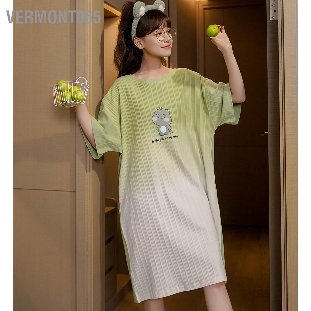 Vermont055 Váy ngủ mùa hè Thân thiện với làn da Chiều dài đầu gối Dệt kim cotton ngắn tay Áo cho phụ nữ