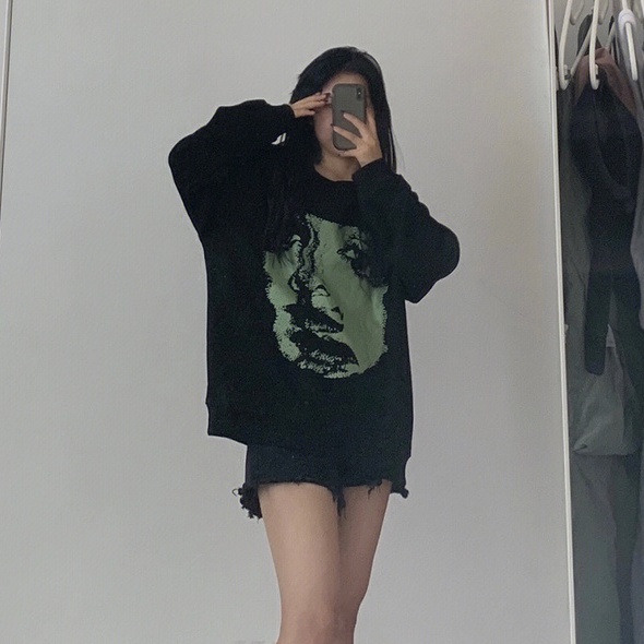 ZHELIHANGFEI Áo Thun Tay Dài Cổ Tròn Form Rộng Họa Tiết In Hợp Thời Trang