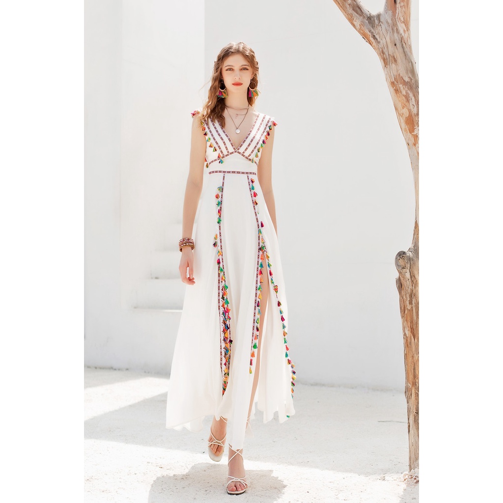 SÒ VINTAGE - PINNE Đầm maxi xẻ ngực viền thổ cẩm tua rua xẻ tà
