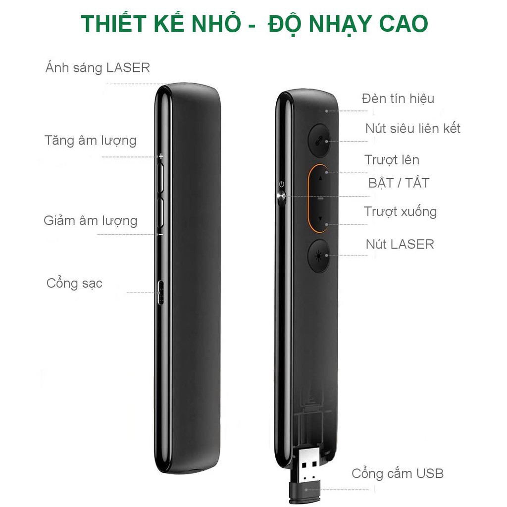 Bút trình chiếu PowerPoint Laser hãng UGREEN 60795 không dây điều khiển từ xa 100m cổng sạc USB type C pin 300mAh BH 12T