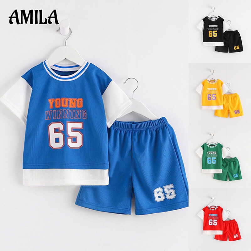 Bộ đồ thể thao AMILA ngắn tay giả hai lớp mau khô thời trang cho bé trai và bé gái