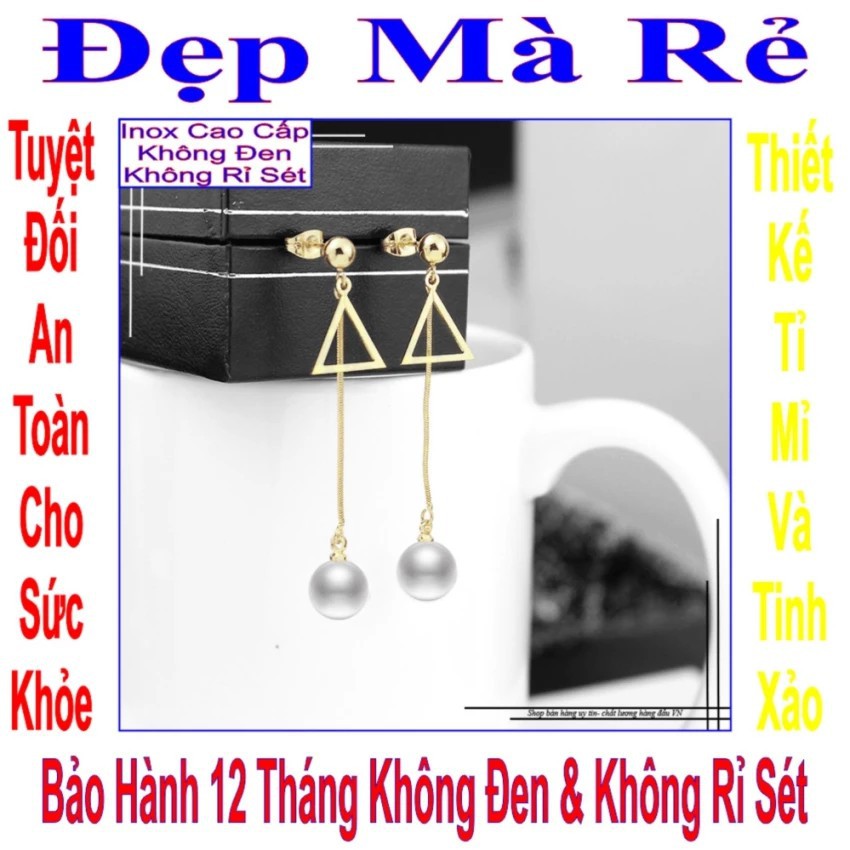 Bông tai nữ kiểu tòn ten hình tam giác treo ngọc trai nhân tạo BTNUTONTEN00077T030069 màu vàng