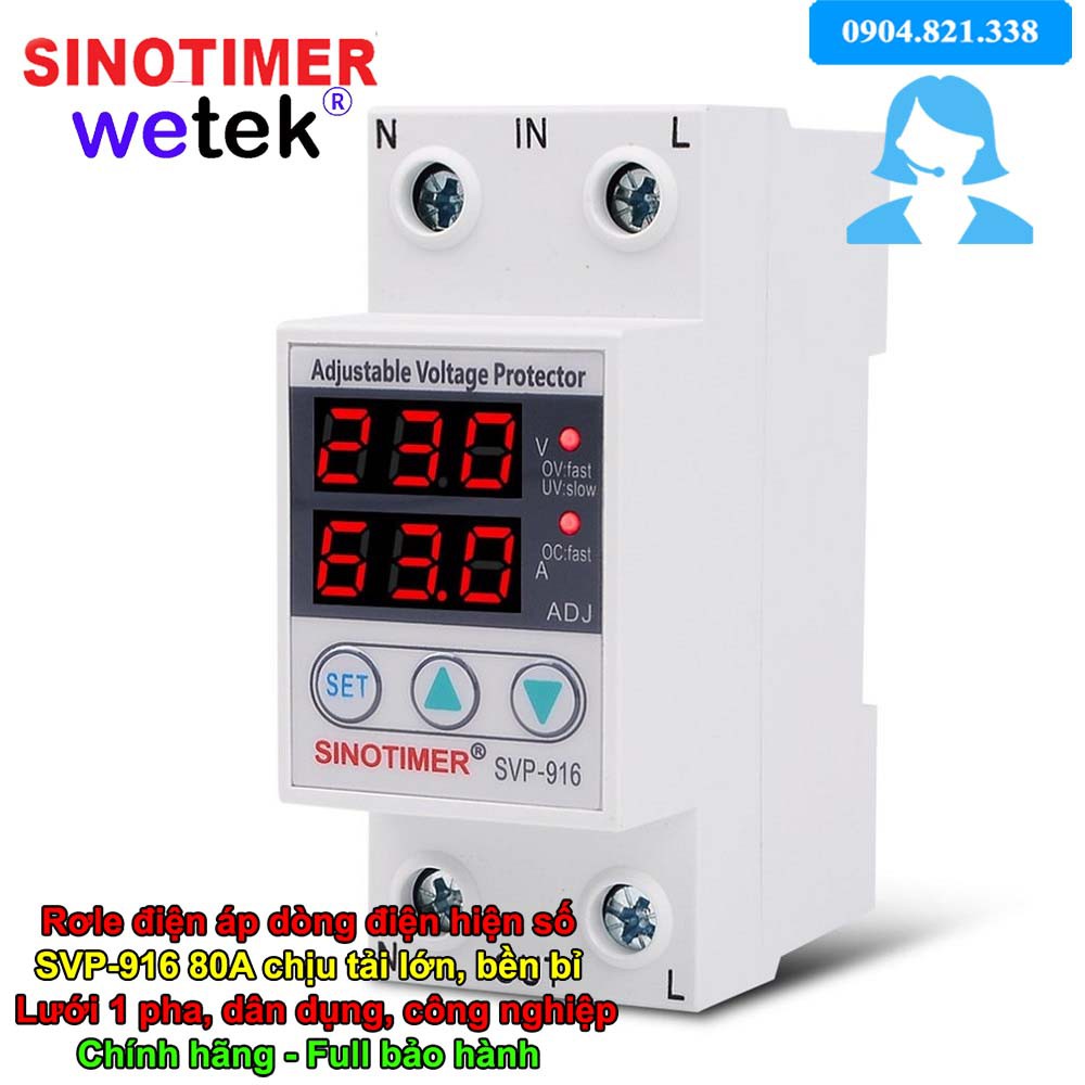 SVP-916 80A  At bảo vệ điện áp dòng điện hiện số LED, Sinotimer, chịu tải siêu lớn 80A, cao thấp áp, mất trung tính...