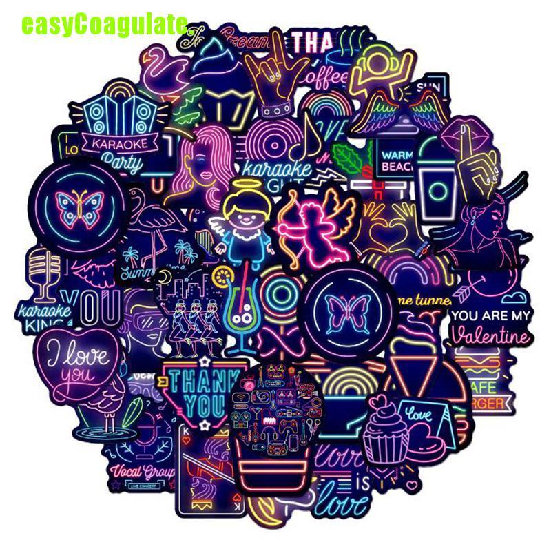 Bộ 50 miếng dán neon chống thấm nước trang trí vali/ ván trượt/ máy tính xách tay