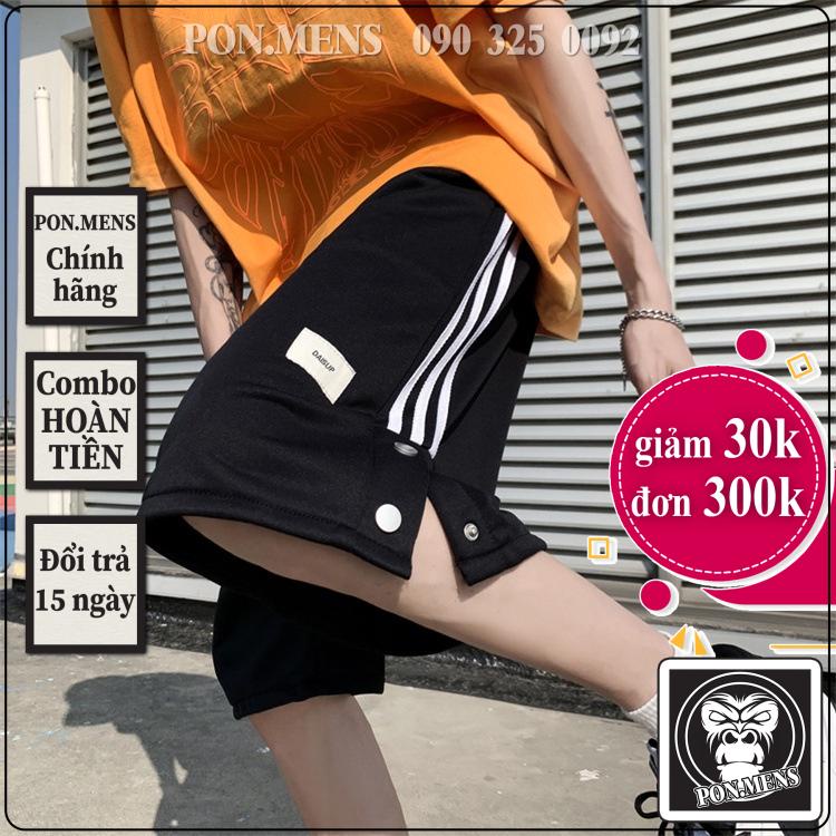 Quần đùi nam ống rộng kẻ 3 sọc khuy bấm màu đen đẹp d06 Pon.mens