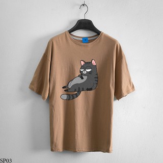 Áo thun nam tay lỡ SP03 Mèo đen nằm kềnh đặt tay lên bụng trước ngực [40kg-110kg] 100% Cotton
