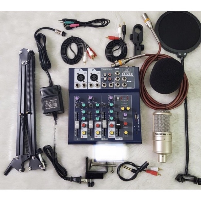 Combo Mic thu âm Takstar PC K200 + Soundcard Mixer F4 FULL phụ kiện