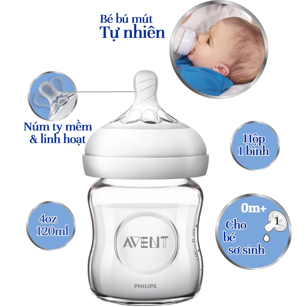 Philips Avent bình sữa thủy tinh mô phỏng tự nhiên 120ml cho bé từ 0 tháng SCF671/13