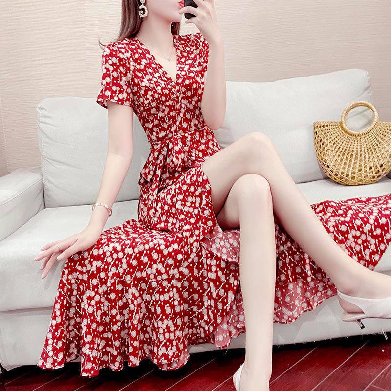 Đầm Voan Hoa Cổ Chữ V Tay Ngắn Thắt Eo Thời Trang Xuân Hè Năm 2021 Cho Nữ