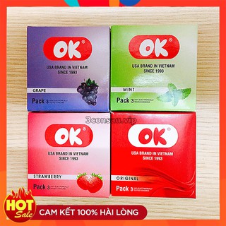 Bao Cao Su OK Cao Cấp Hàng Việt Nam, Mùi Hương Ngọt Ngào Dâu Tây, Bạc Hà, Nho Và Không Mùi (SL 1 Bao)