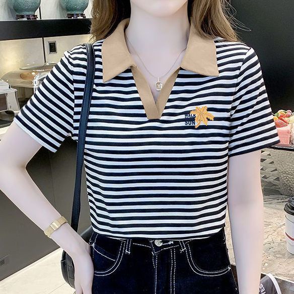 Áo Thun Polo Ngắn Tay Họa Tiết Kẻ Sọc Màu Tương Phản Thời Trang Cho Nữ