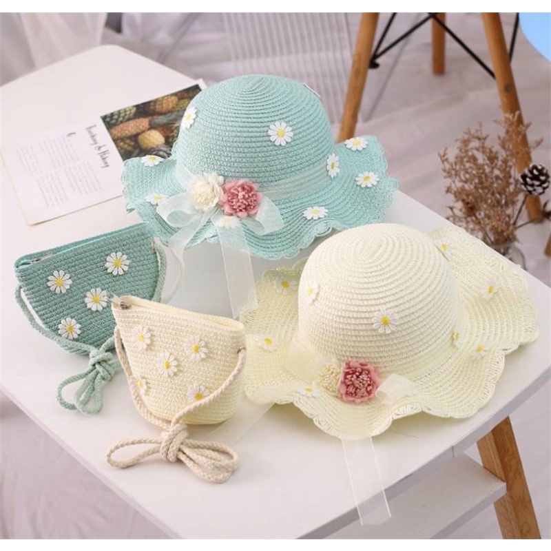 PVN27783 Mũ cói rộng vành kèm túi cho bé gái