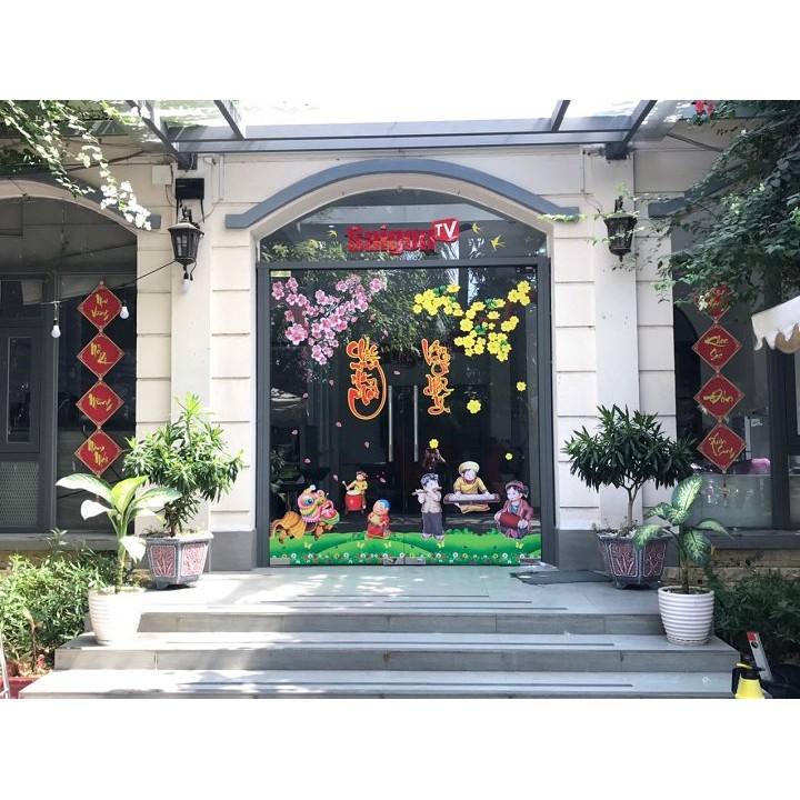 Decal Trang Trí Tết Bé Múa Lân Và Thần Tài Đón Tết - Decal tết cao cấp không viền trắng có sẵn keo sẵn [Hỗ trợ xuất VAT] | BigBuy360 - bigbuy360.vn