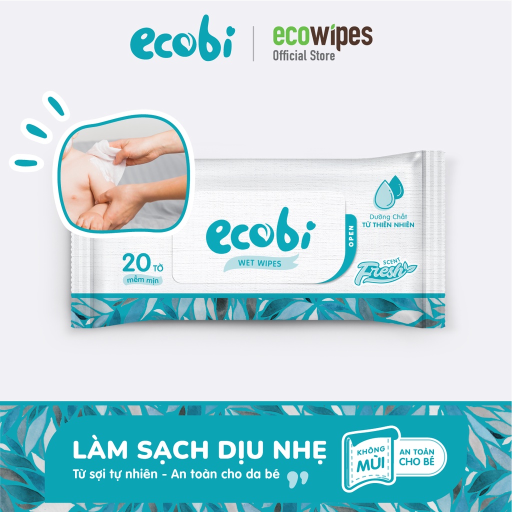 Thùng 90 gói khăn ướt cho bé Ecobi gói 20 tờ Không Mùi không paraben an toàn cho làn da nhạy cảm của bé