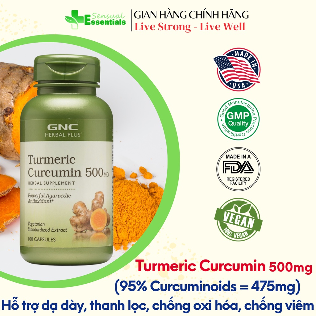[CHÍNH HÃNG] GNC Turmeric Curcumin 500mg - Tinh chất từ nghệ hỗ trợ dạ dày, giảm m.ỡ m.áu, chống lão hóa ngừa u.ng b.ướu